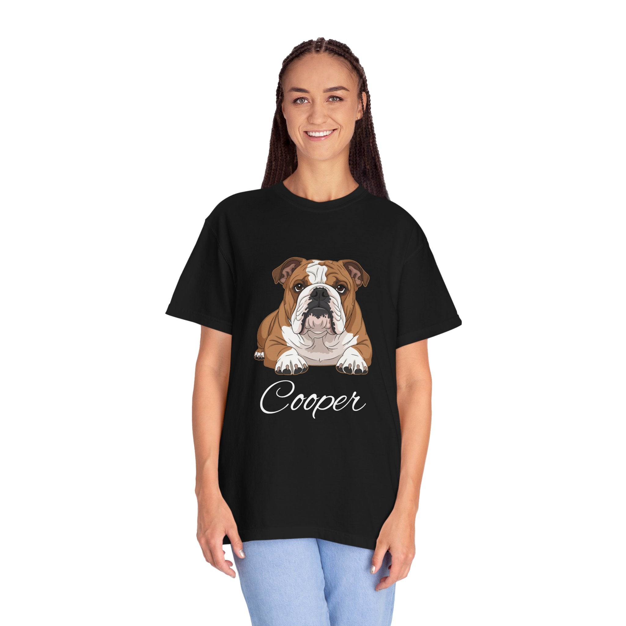 Personalised English Bulldog T-shirt worn by woman - front view