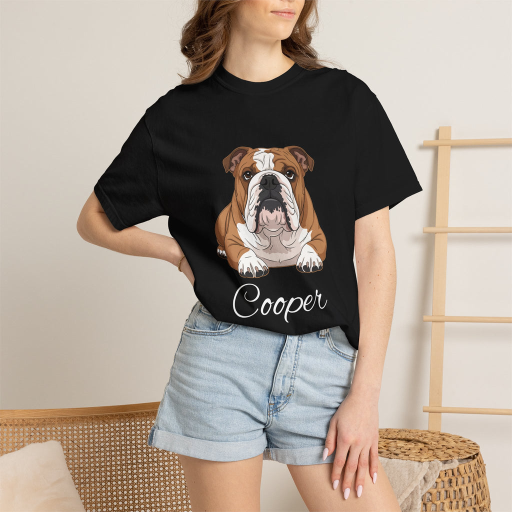 Woman wearing personalised English Bulldog T-shirt on sofa