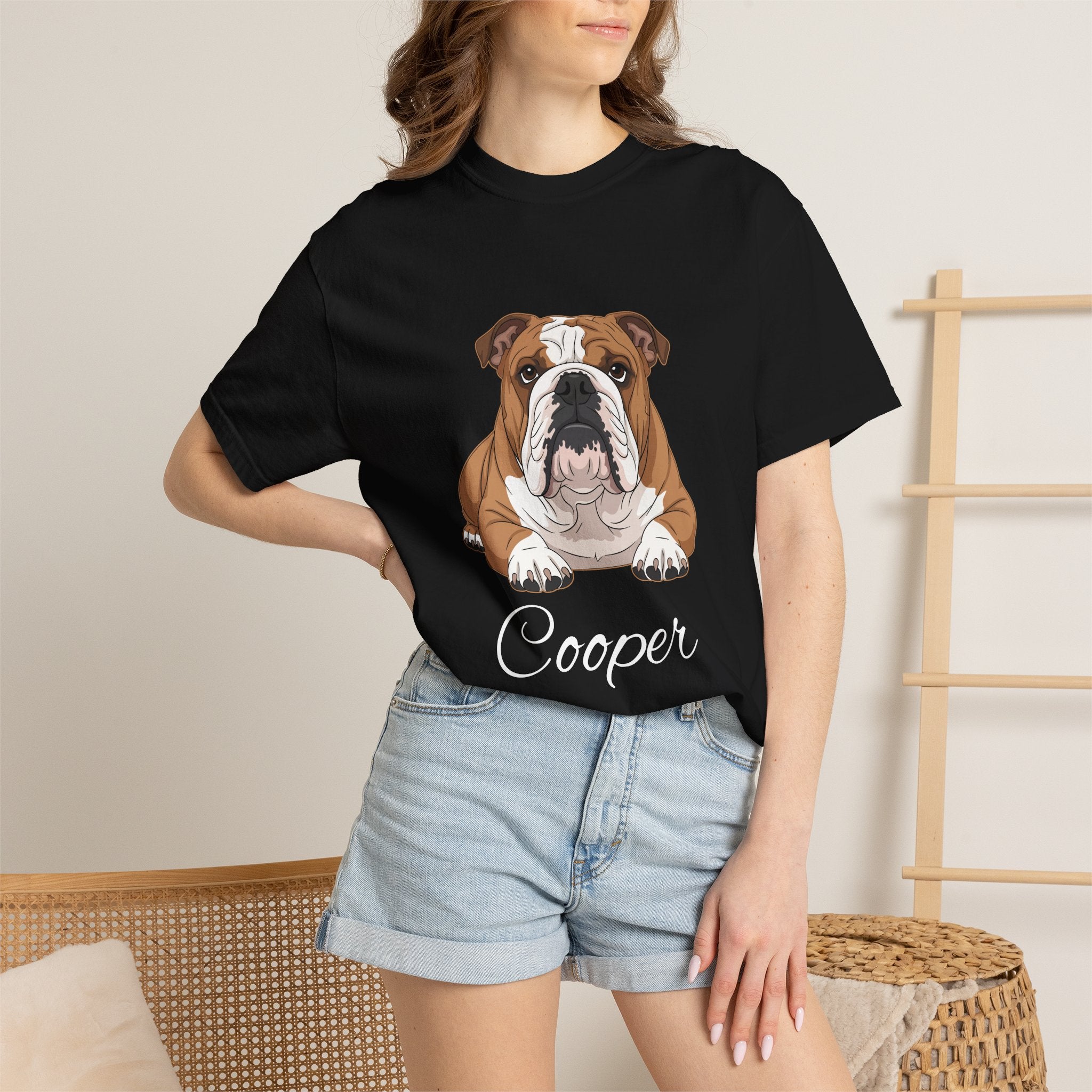 Woman wearing personalised English Bulldog T-shirt on sofa