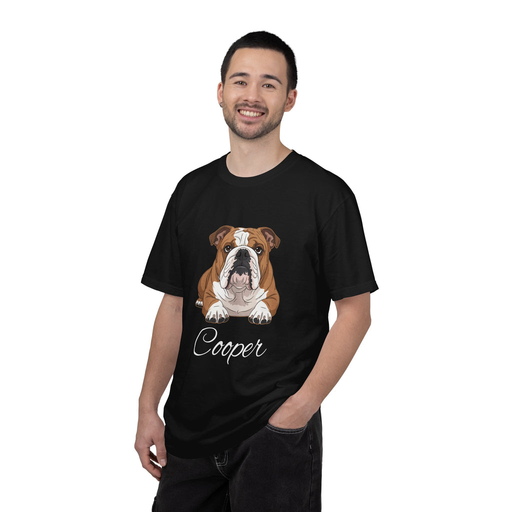 Woman wearing English Bulldog custom name tee - lifestyle photo