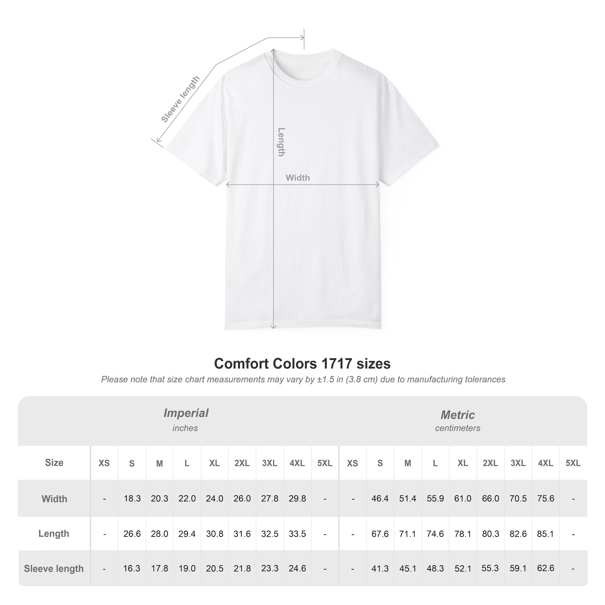 Size guide for personalised English Bulldog T-shirt S to 3XL