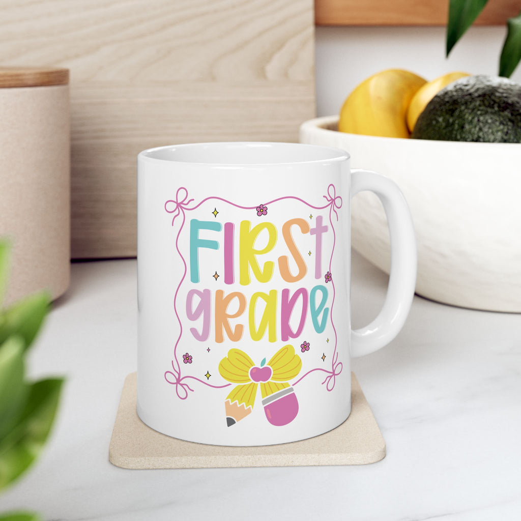 First Grade custom name mug in cosy setting - lifestyle photo