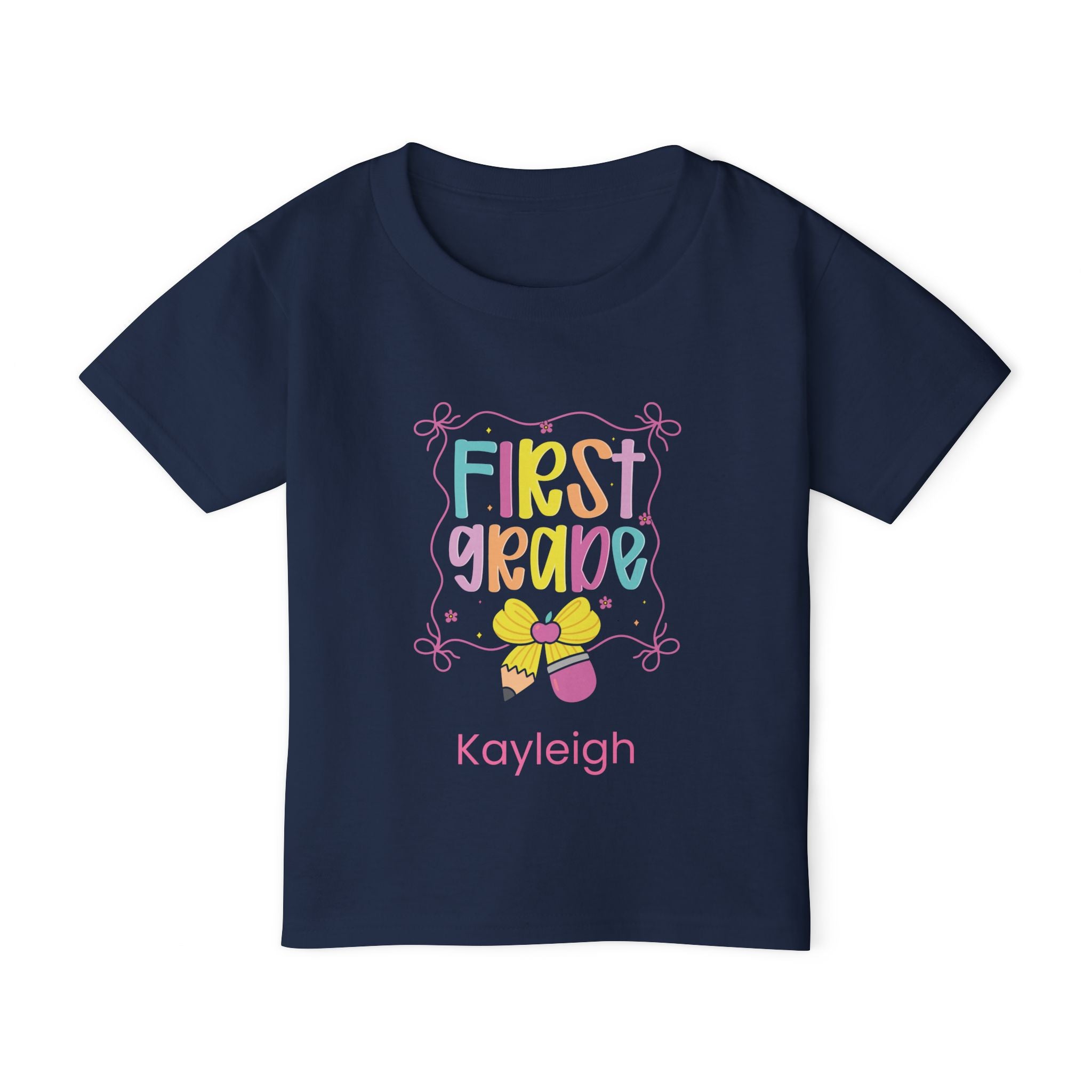 Personalised First Grade toddler tee - navy colour with custom name front view