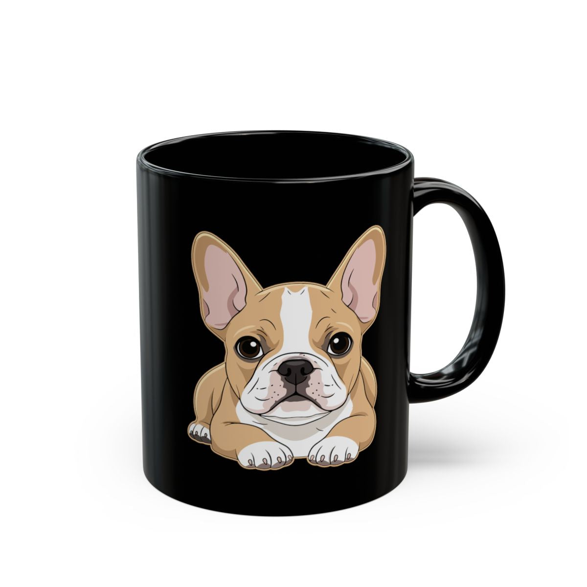 Personalised French Bulldog black ceramic mug with custom name - Frenchie illustration front view