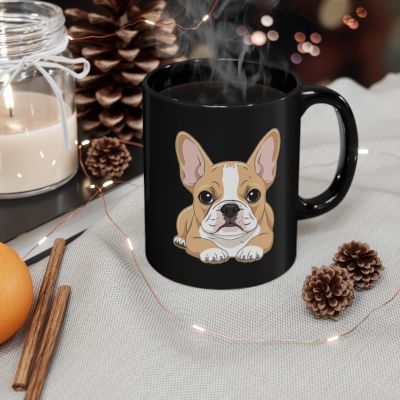 French Bulldog custom name black mug on office desk showing both sides - lifestyle photo