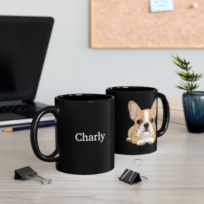 Personalised French Bulldog black mug in cosy holiday setting - lifestyle photo