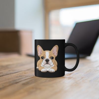 Personalised French Bulldog black ceramic mug on wooden desk - lifestyle photo