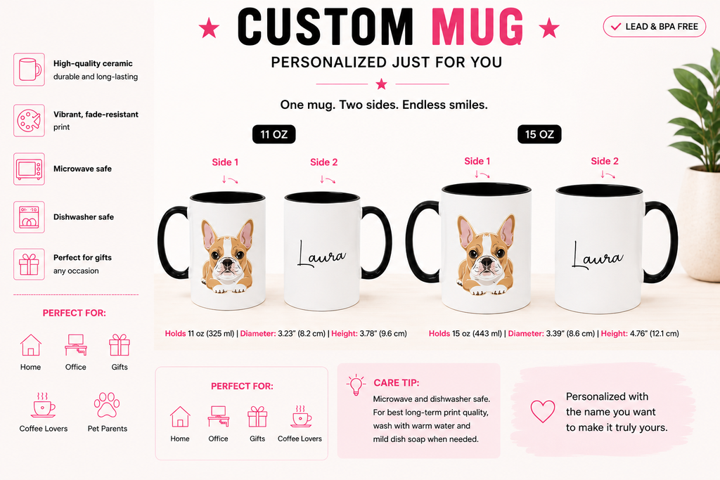 11oz and 15oz French Bulldog mug size comparison with personalisation
