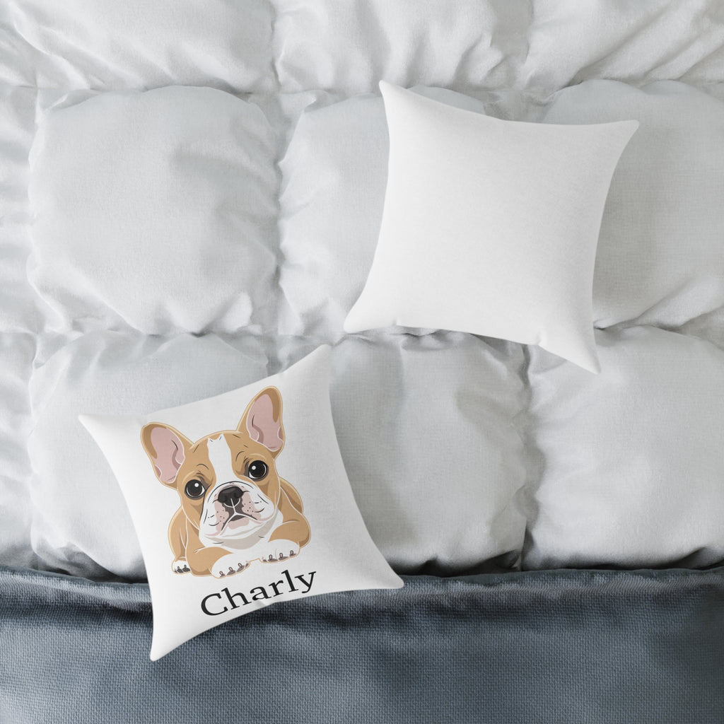 Custom name French Bulldog cushion in a bedroom setting
