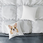 Custom name French Bulldog cushion in a bedroom setting