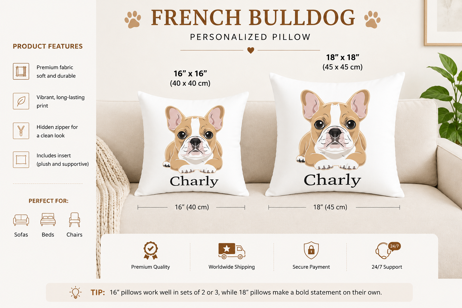 16x16 and 18x18 French Bulldog personalised pillow size comparison