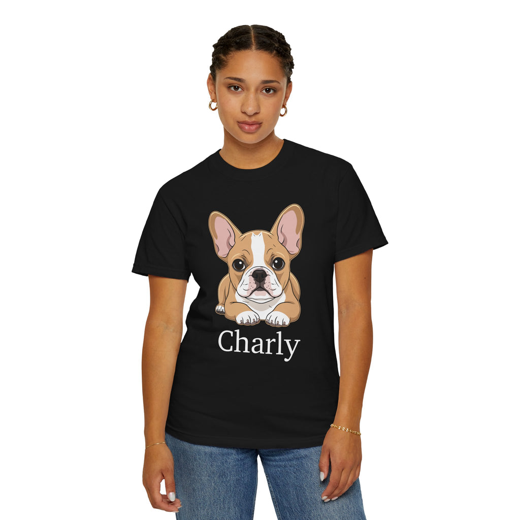 Back view of personalised French Bulldog garment dyed tee