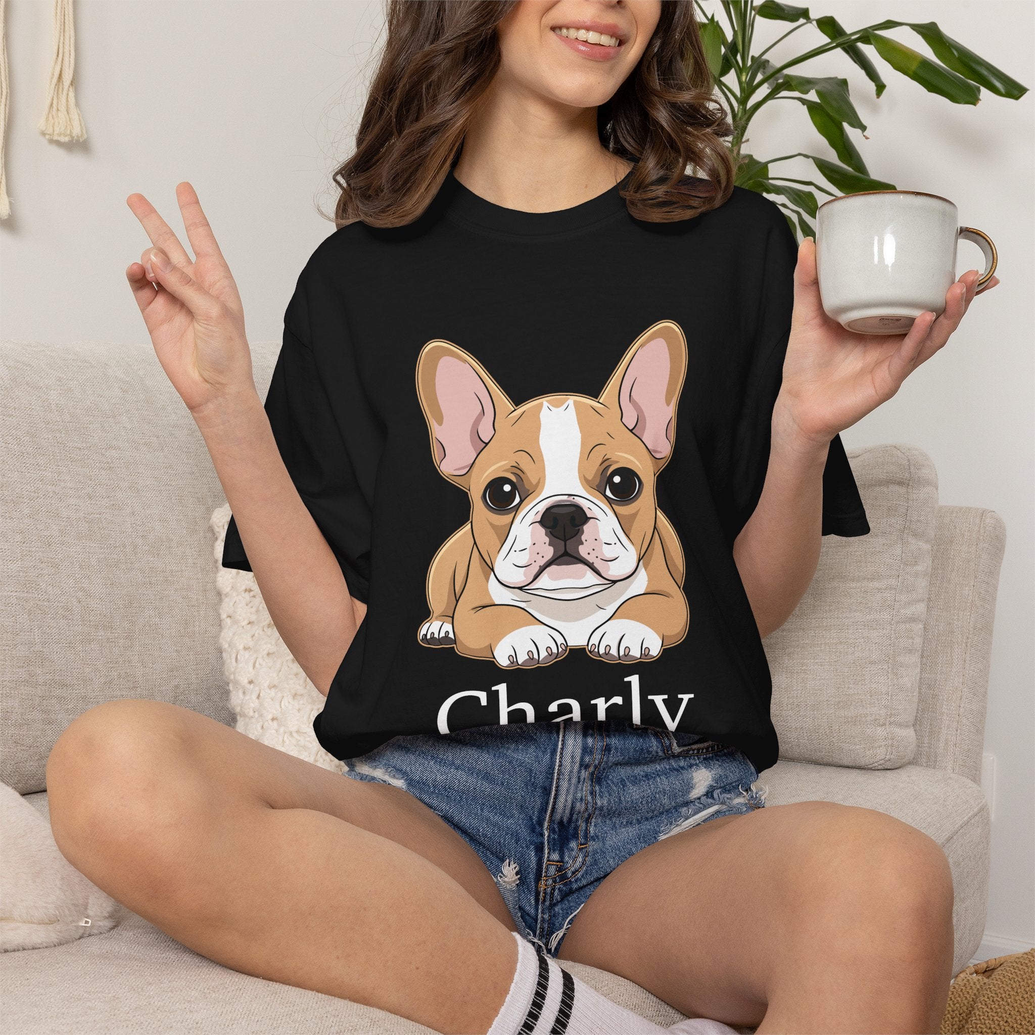 Personalised French Bulldog tee flat lay on white background