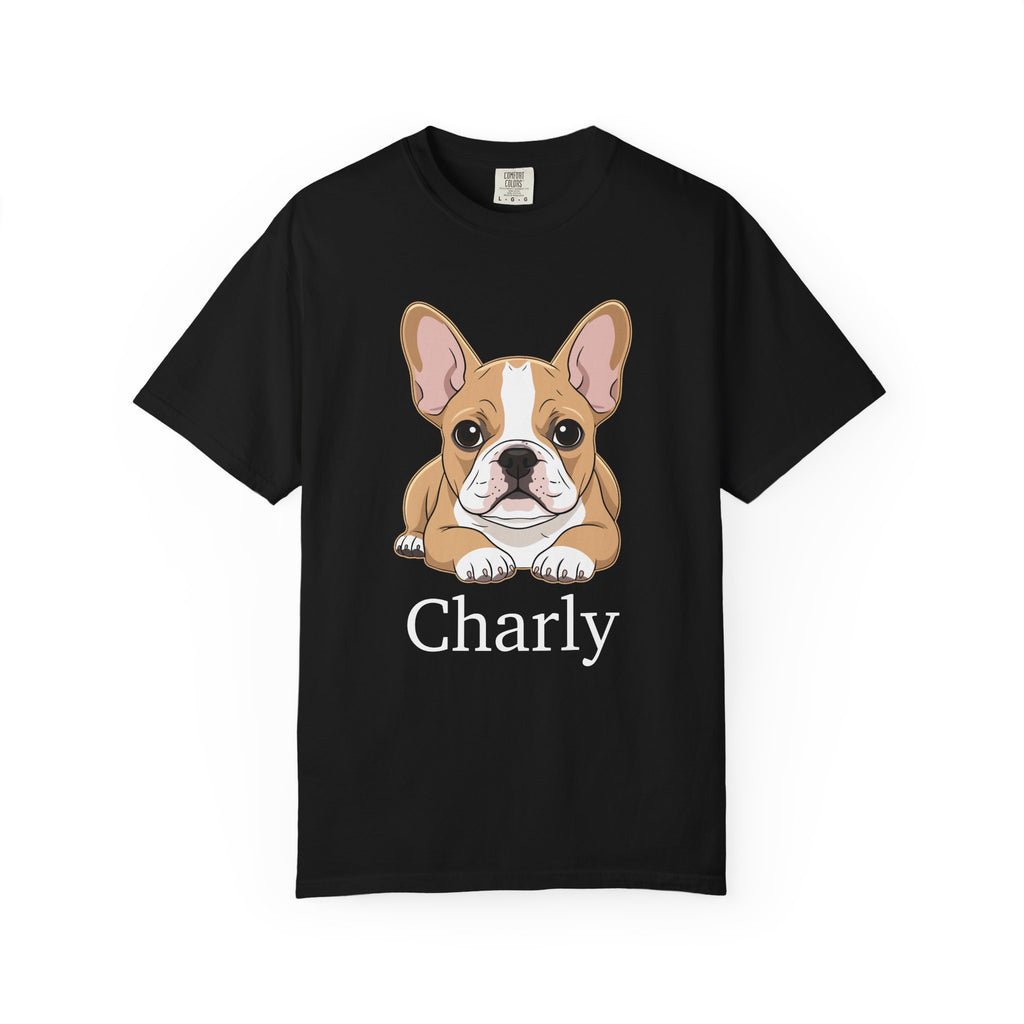 Personalised French Bulldog T-shirt with custom dog name on black tee