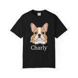 Personalised French Bulldog T-shirt with custom dog name on black tee