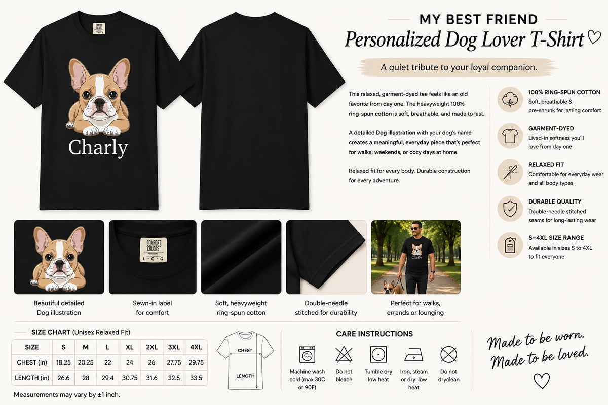 Personalised French Bulldog T-shirt info graphic - fabric details, sizing, and care instructions