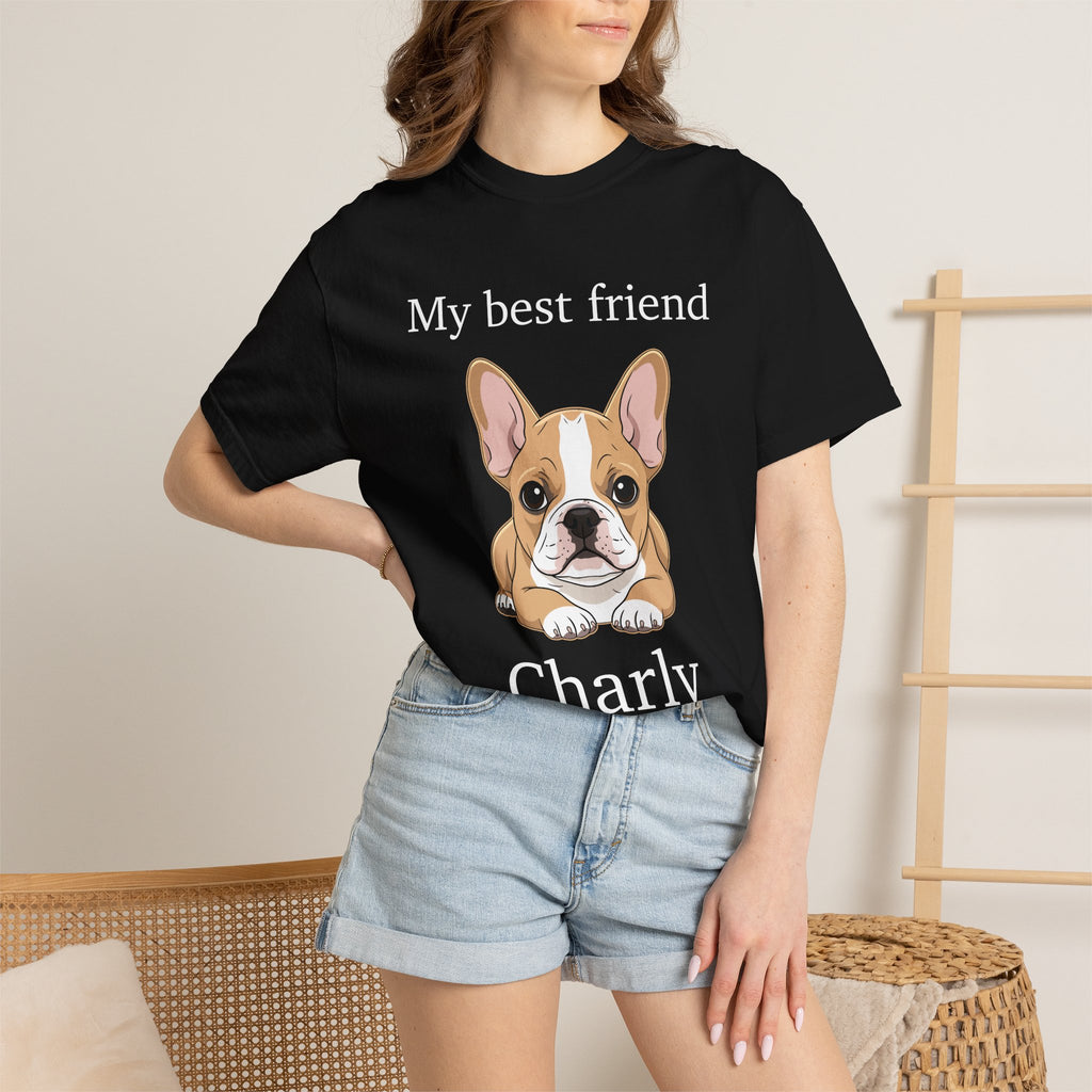 Close-up of My Best Friend and Frenchie illustration on black tee