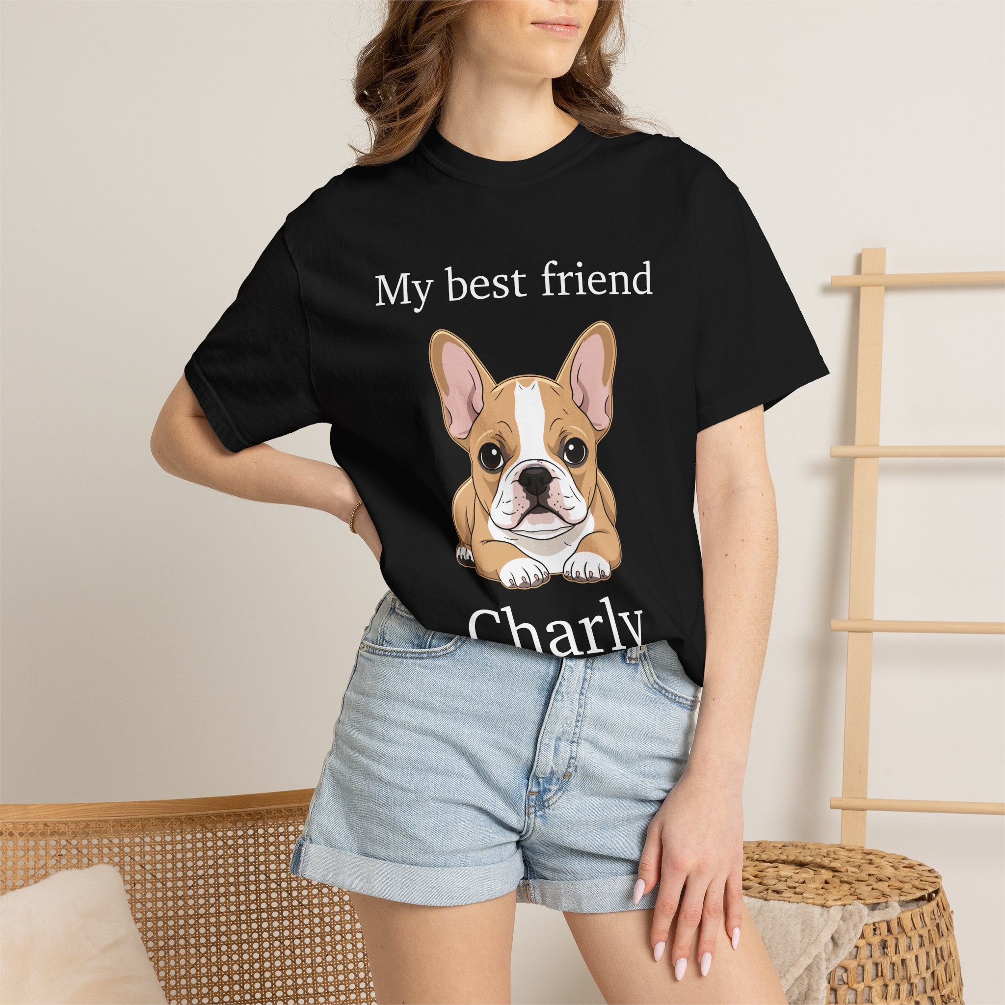 Close-up of My Best Friend and Frenchie illustration on black tee