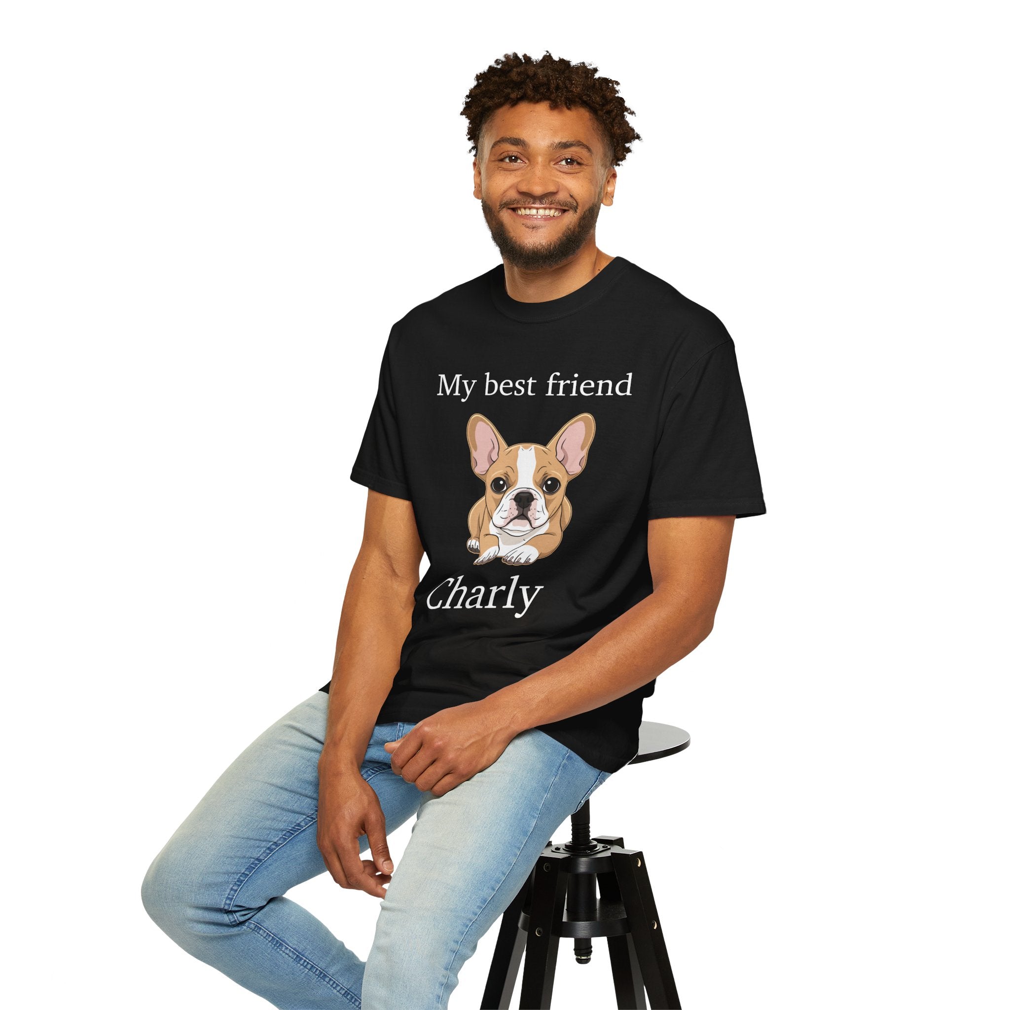 Model wearing personalised French Bulldog T-shirt outdoors
