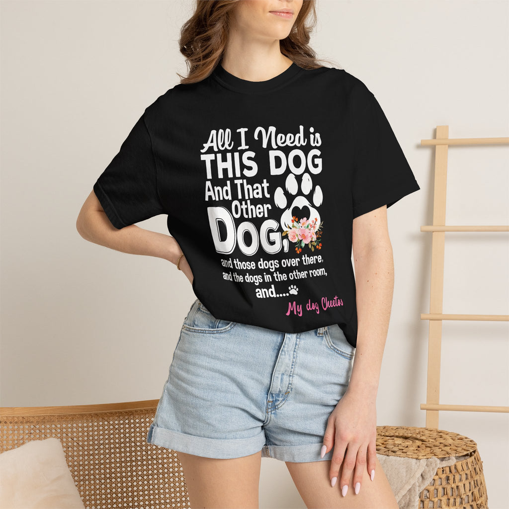 Woman wearing funny dog lover T-shirt with custom name - lifestyle photo