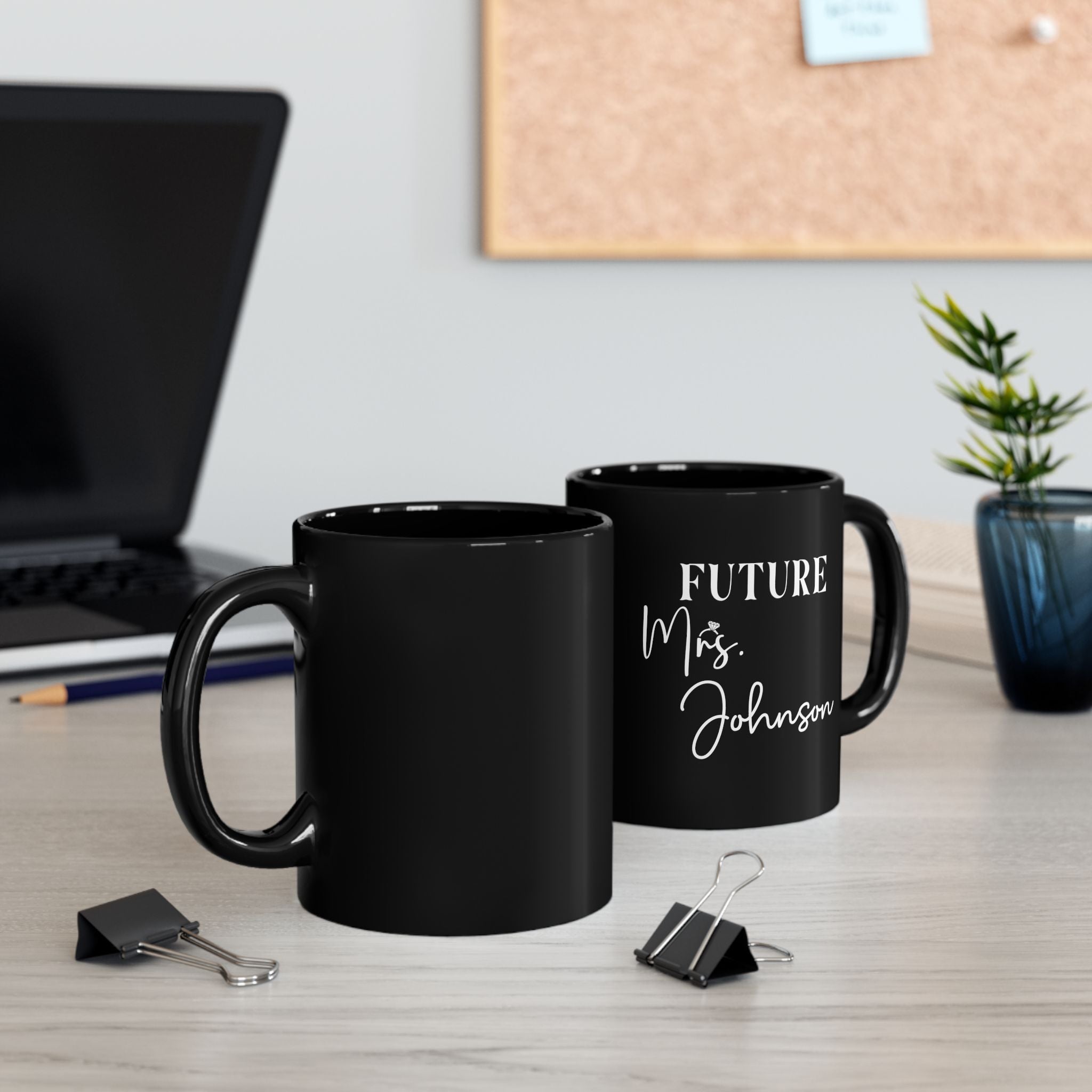 Future Mrs black mug on desk - lifestyle photo