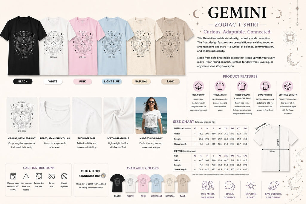 Gemini zodiac t-shirt flat lay with full design view
