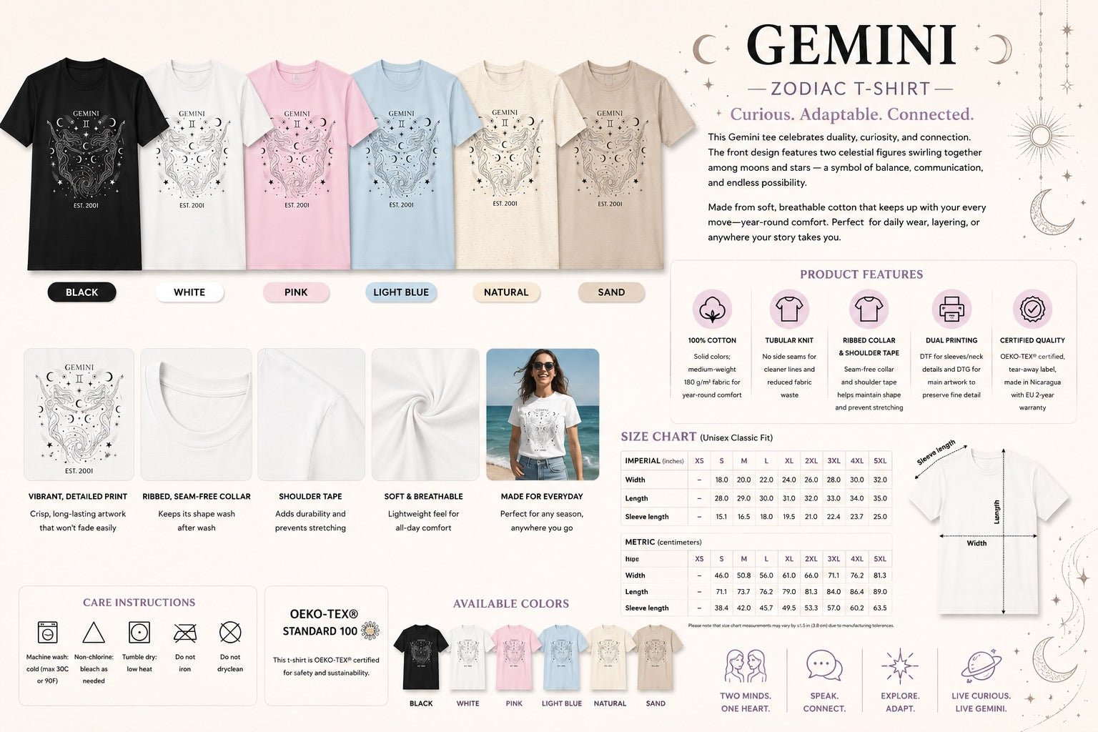 Gemini zodiac t-shirt flat lay with full design view