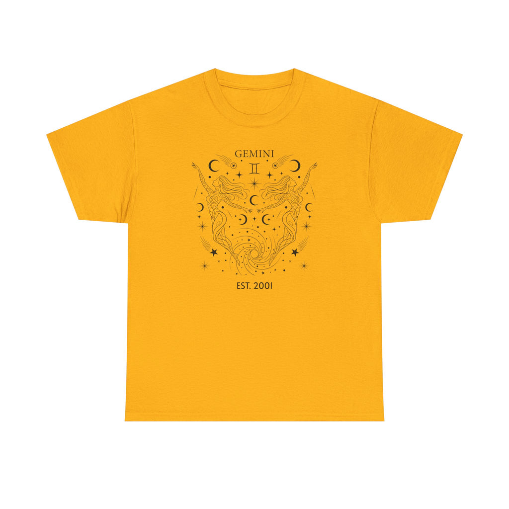 Close-up of personalized EST. year text on Gemini zodiac tee