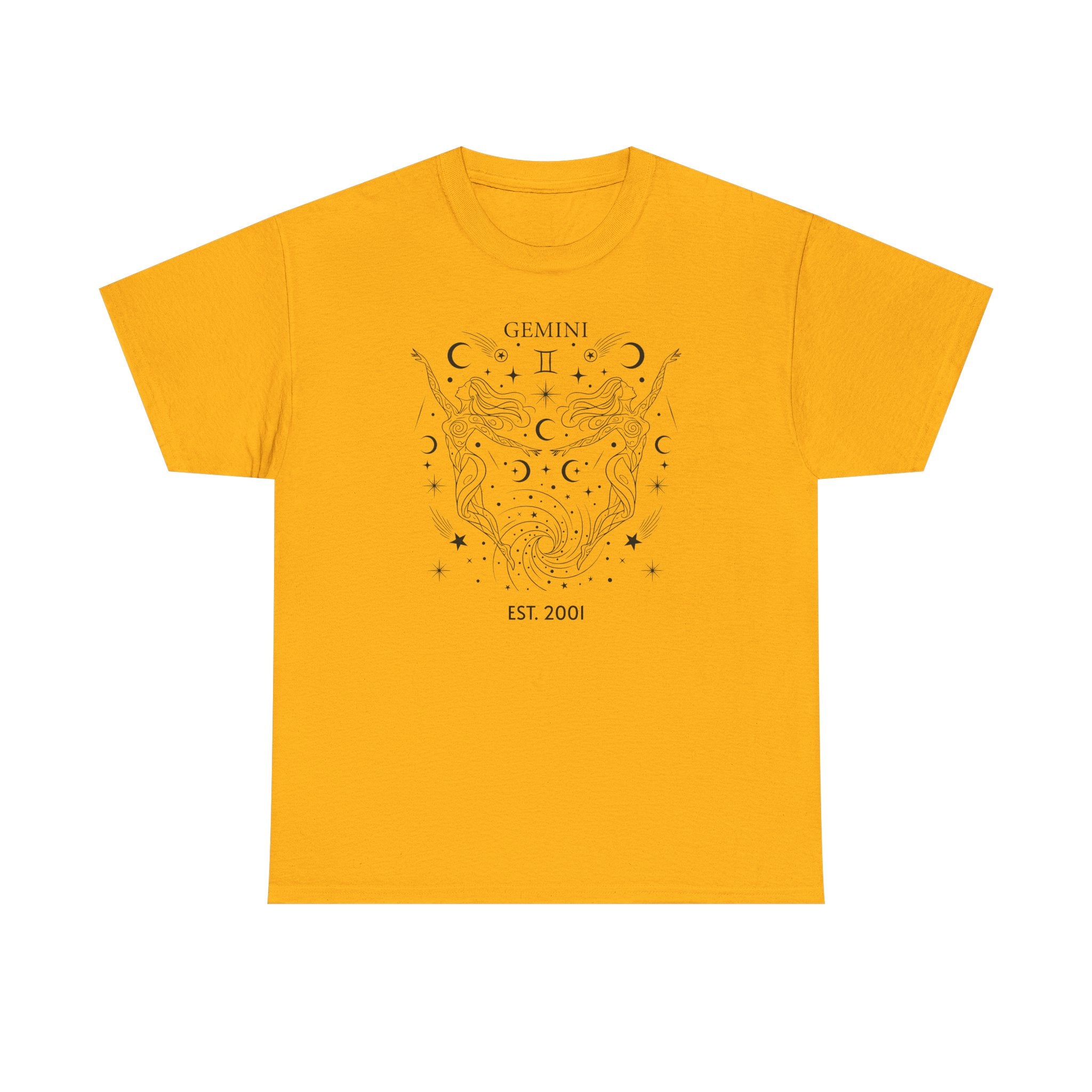 Close-up of personalized EST. year text on Gemini zodiac tee