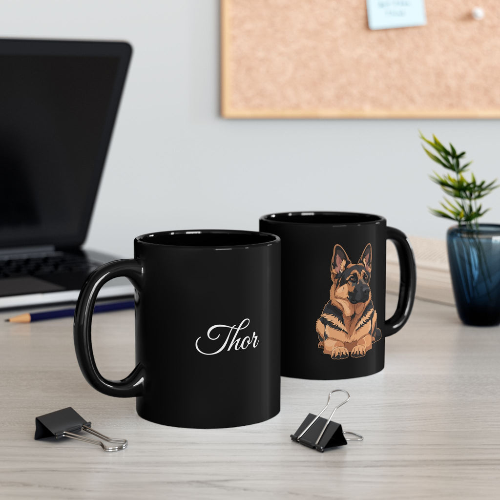 Personalised German Shepherd black mug showing both sides - custom name and GSD illustration on desk