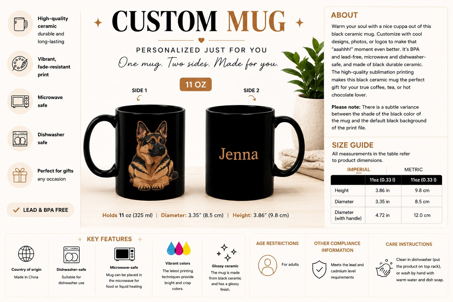 Close-up of German Shepherd illustration on black ceramic mug