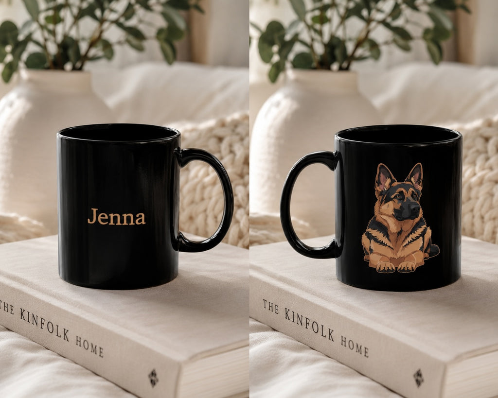 German Shepherd black mug held in hand – gift for dog lovers