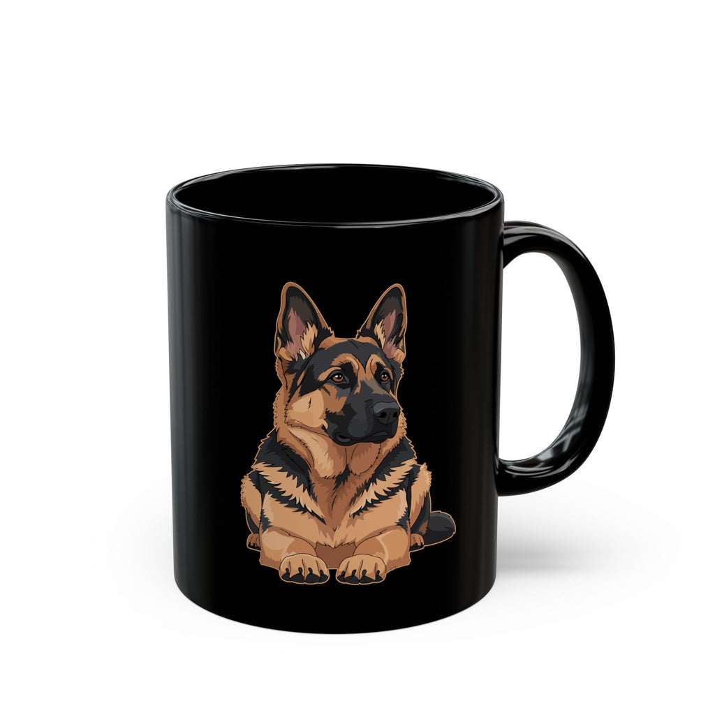 Personalised German Shepherd black mug in cosy holiday setting - candle and pine cone lifestyle photo