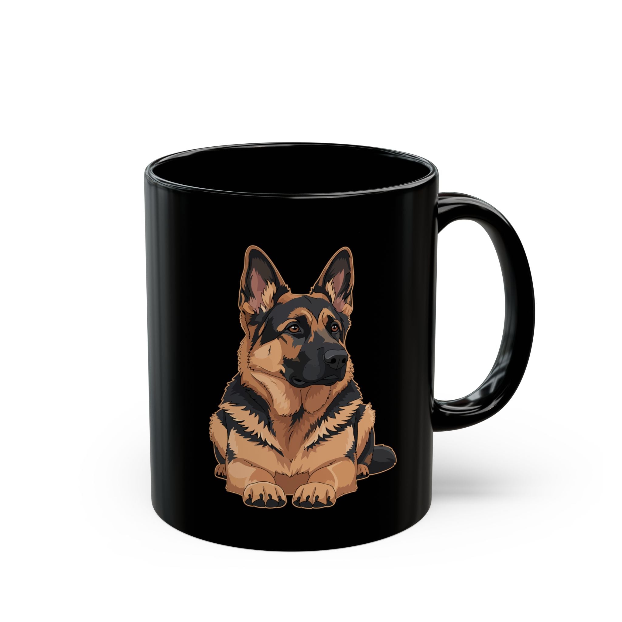 Personalised German Shepherd black mug in cosy holiday setting - candle and pine cone lifestyle photo