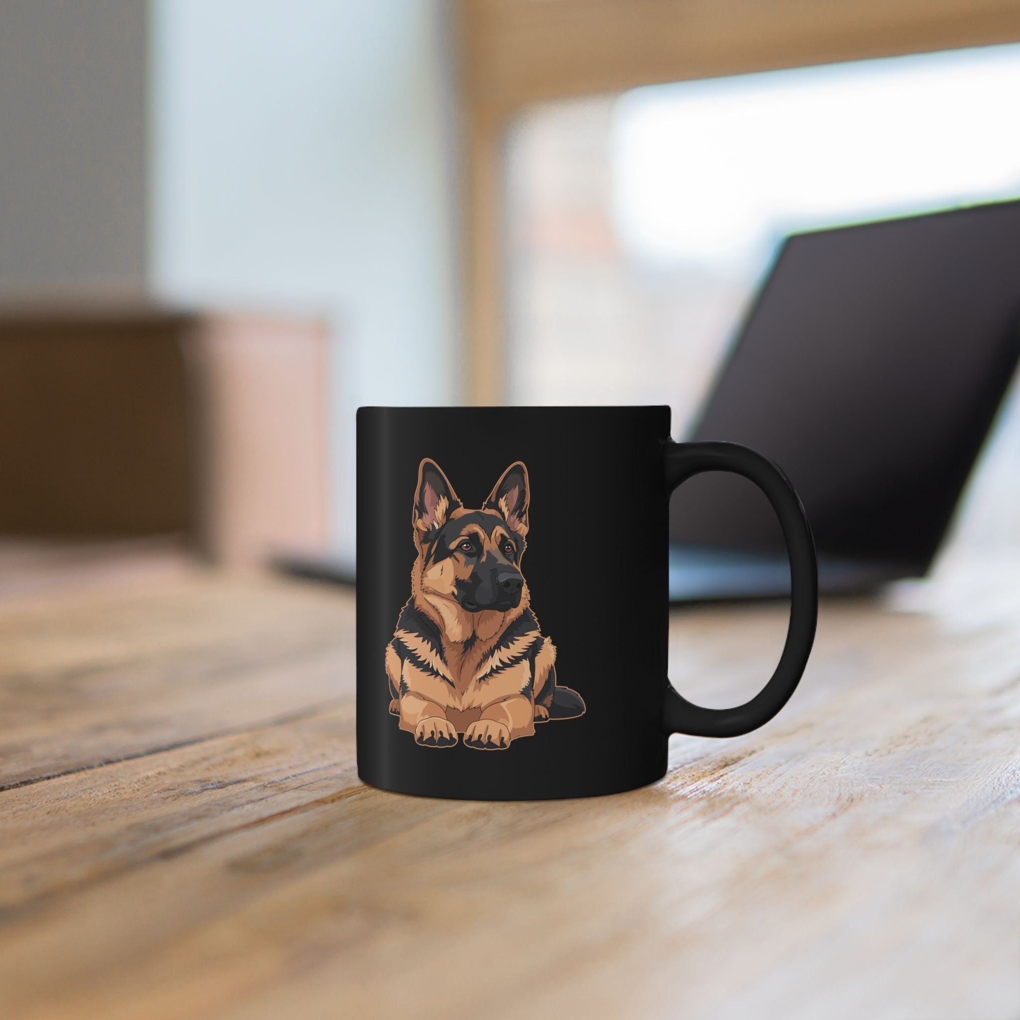 Personalised German Shepherd black ceramic mug - vivid GSD illustration front view on white background