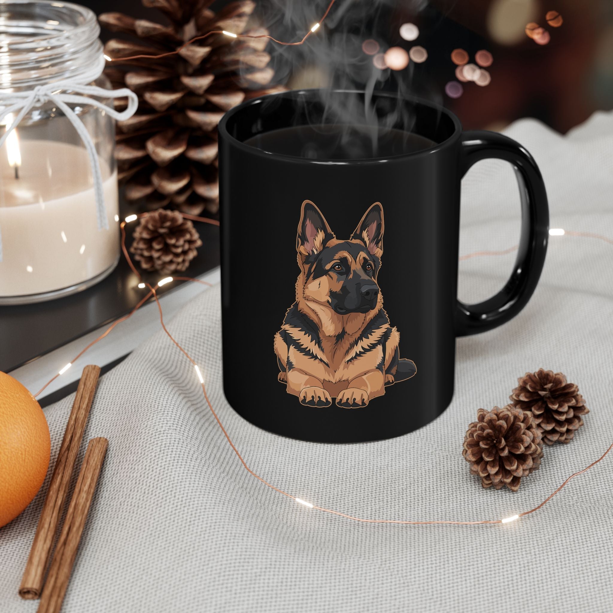 German Shepherd black mug - custom name in elegant script on reverse side
