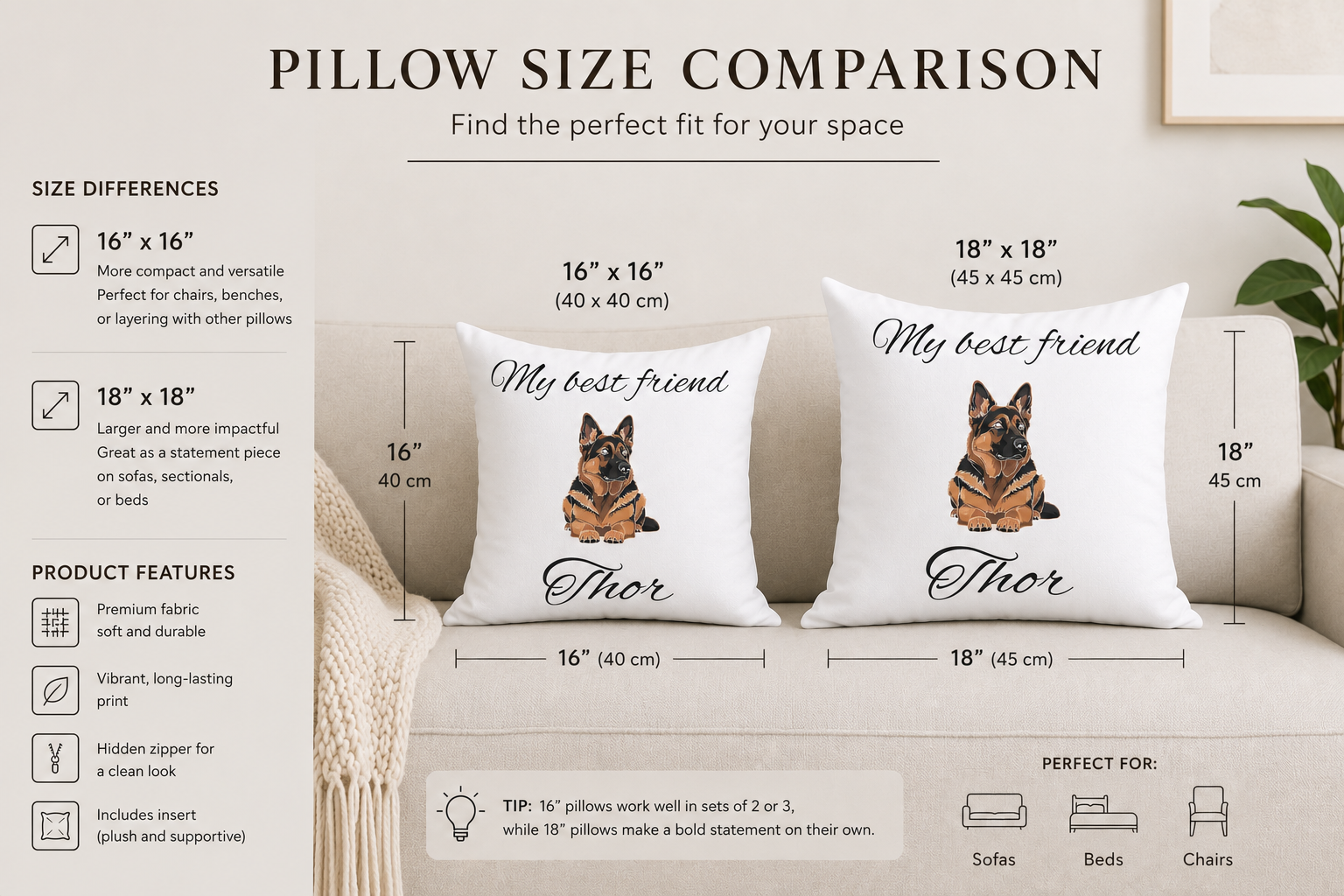 16x16 and 18x18 German Shepherd pillow size comparison