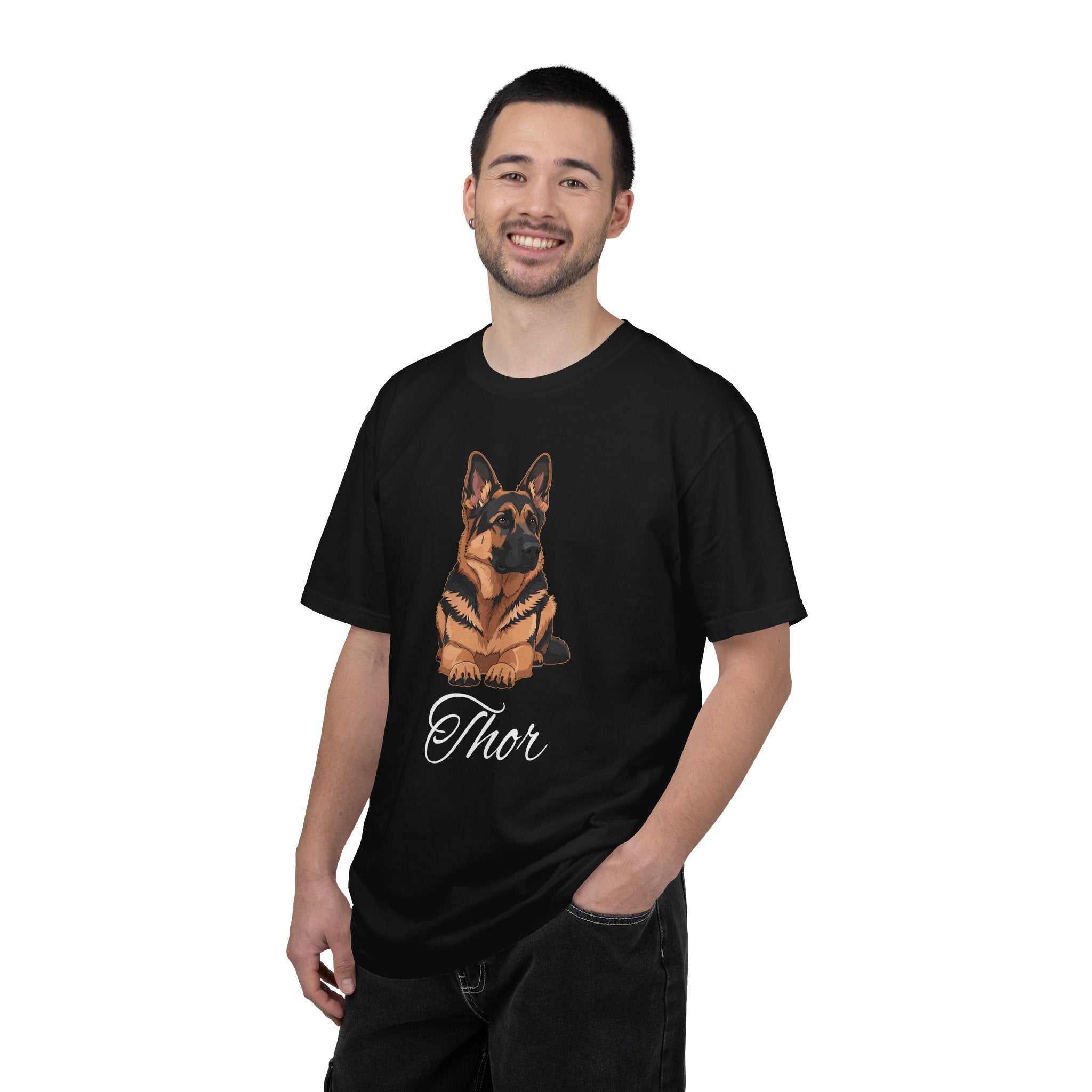 Close-up of Shepherd illustration and name print on black tee