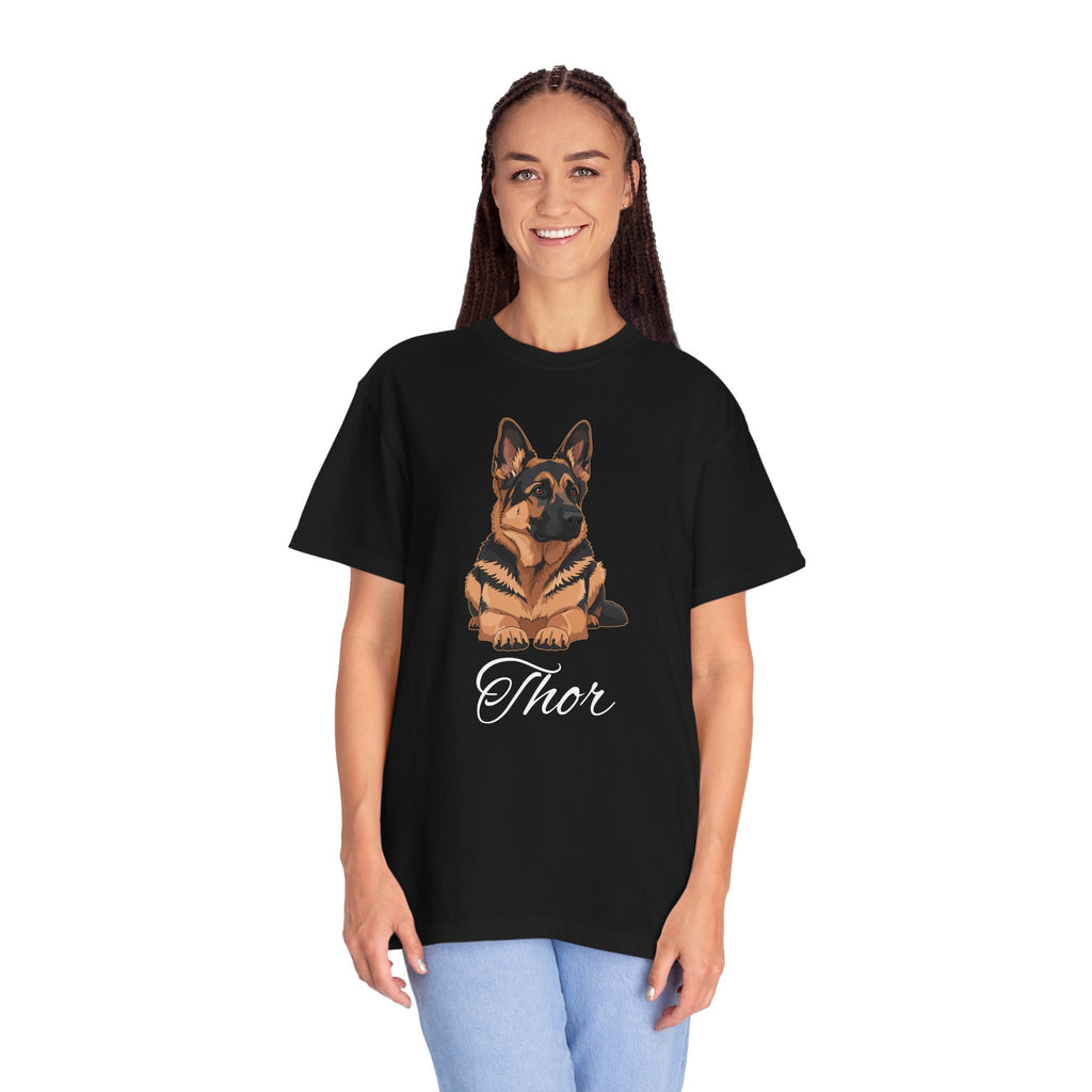 Personalised German Shepherd tee flat lay on white background