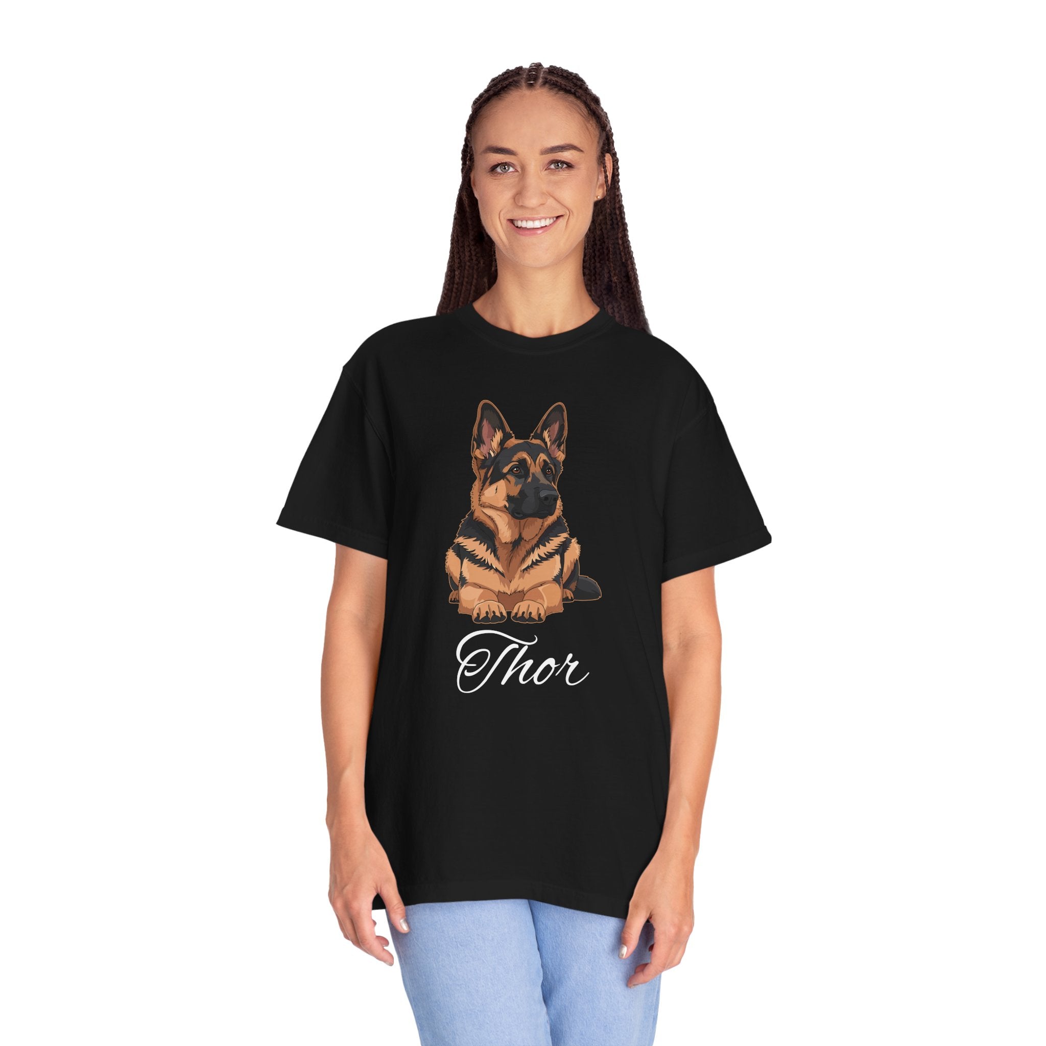 Personalised German Shepherd tee flat lay on white background