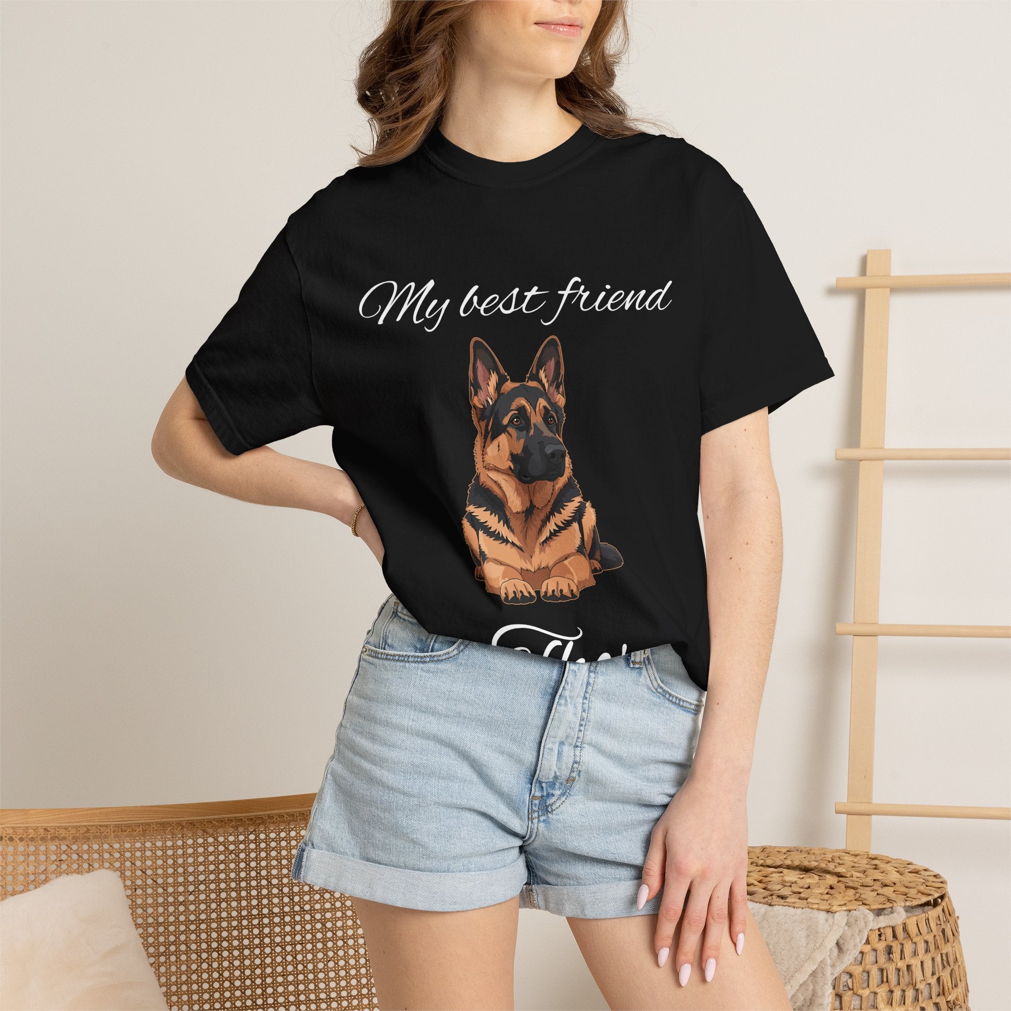 Close-up of German Shepherd illustration and custom name on black tee