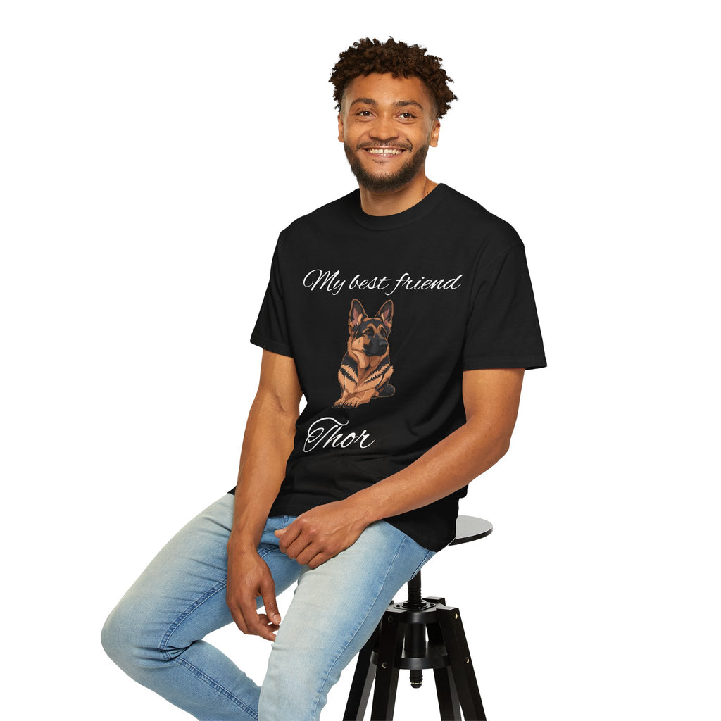 Personalised German Shepherd tee flat lay on white background