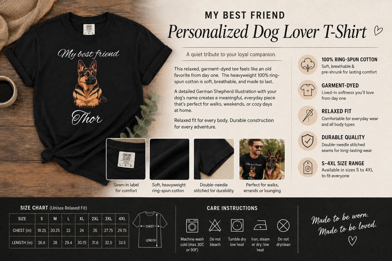 Personalised German Shepherd T-shirt info graphic - fabric details, sizing, and care instructions