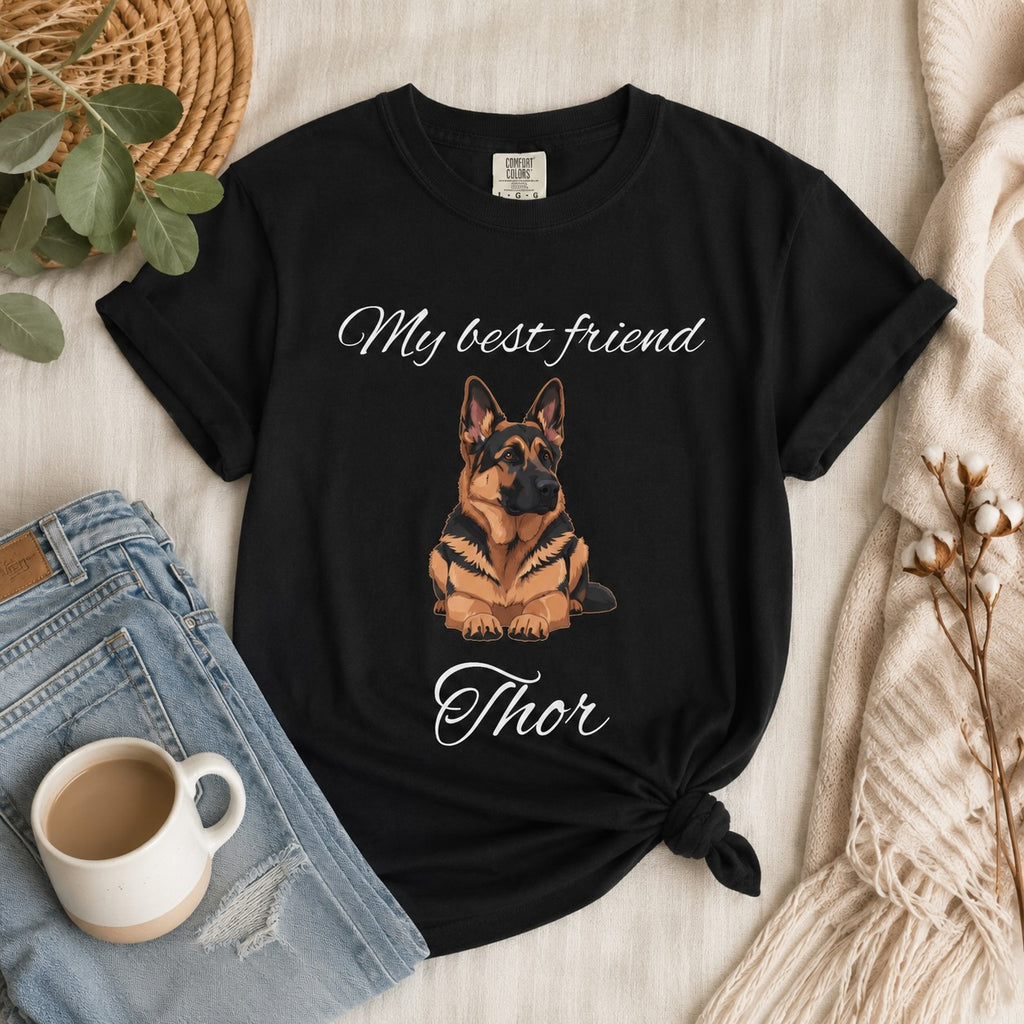 Size guide for personalised German Shepherd dog T-shirt S to 3XL