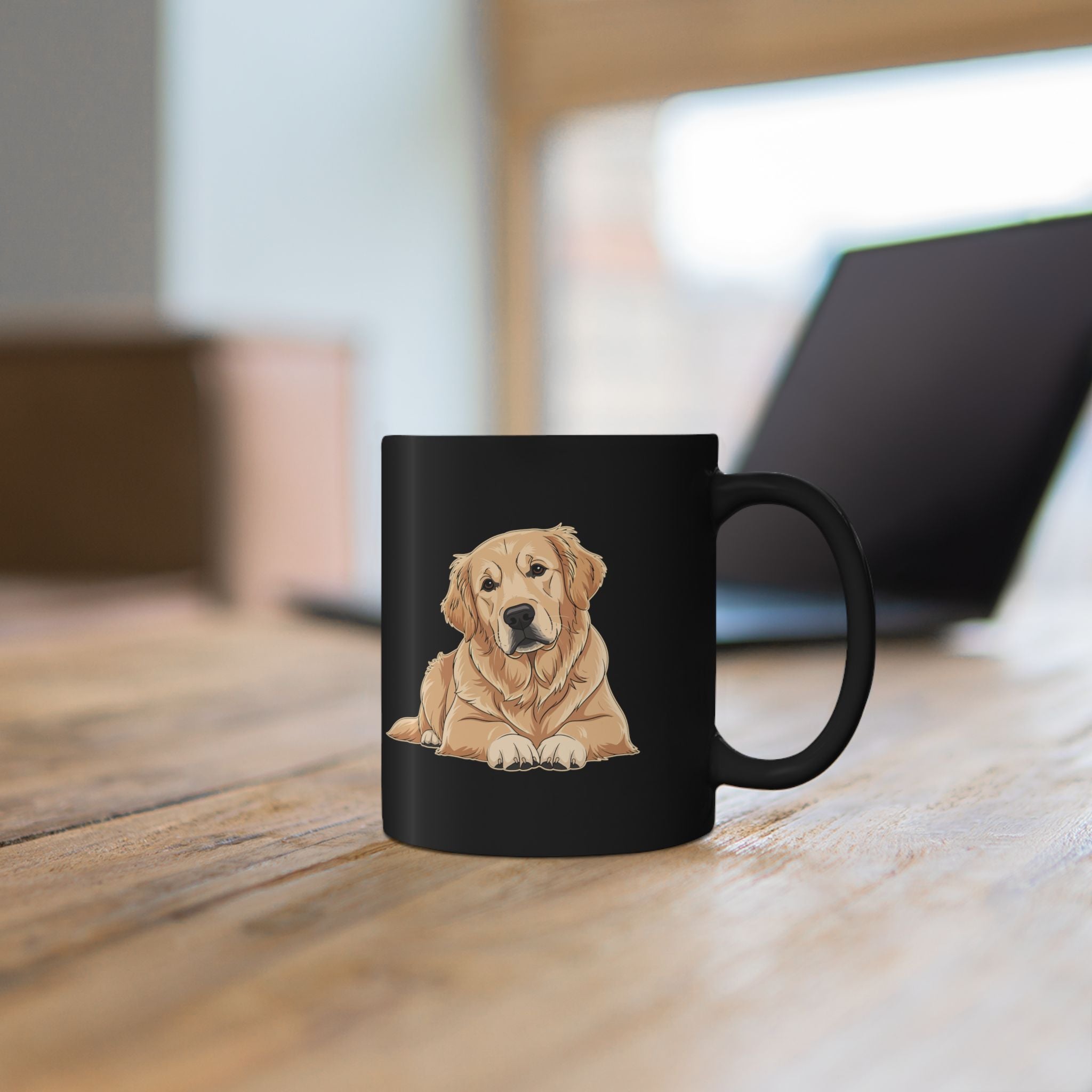 Close-up of Golden Retriever illustration on personalised black ceramic mug