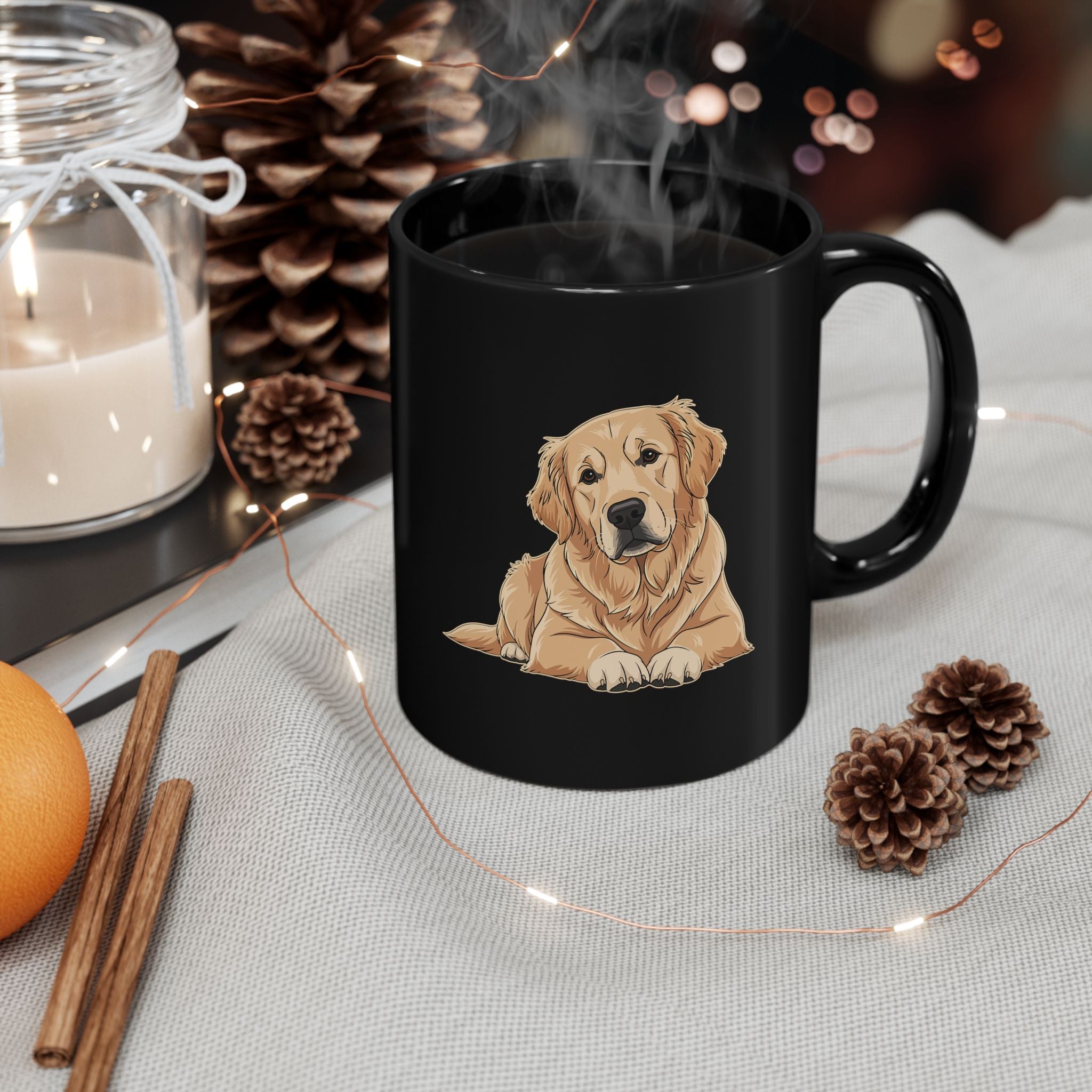 Golden Retriever custom name black mug in cosy setting - lifestyle photo