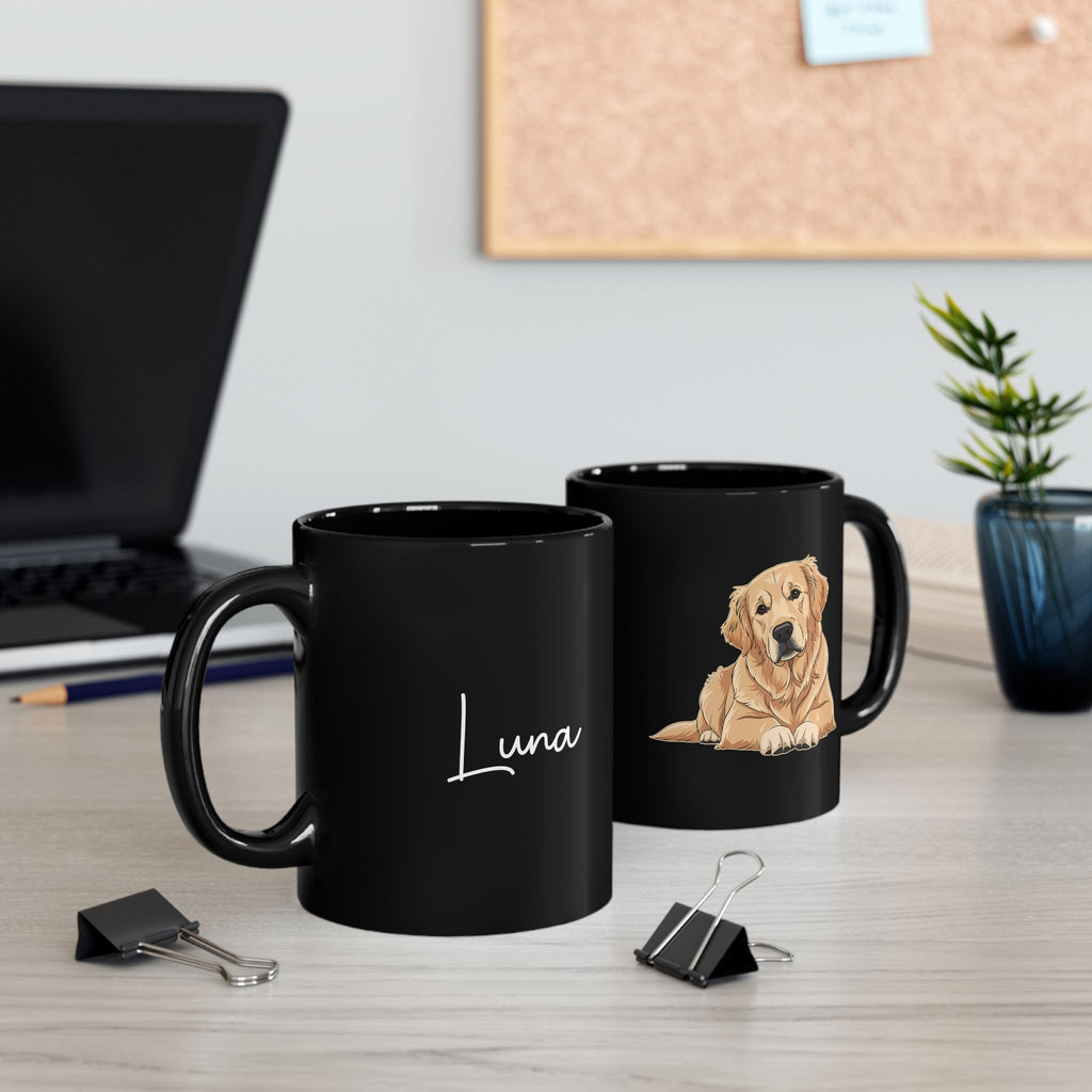 Personalised Golden Retriever black mug on desk - lifestyle photo