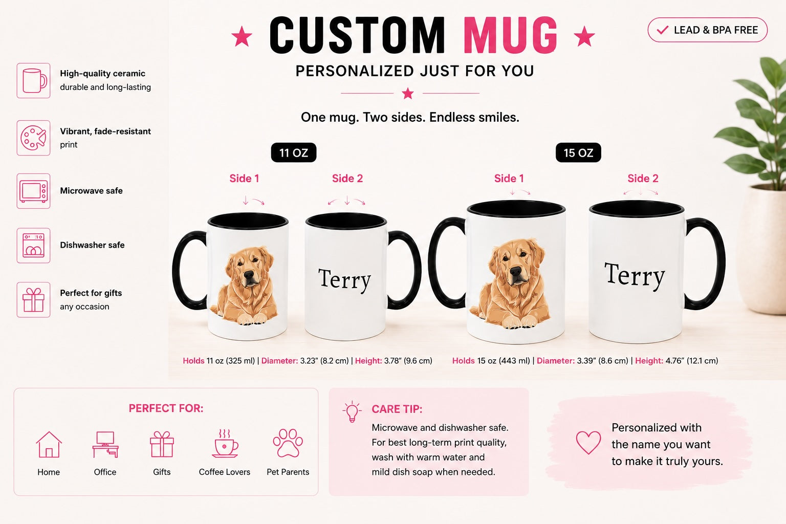 11oz and 15oz Golden Retriever mug size comparison with personalisation
