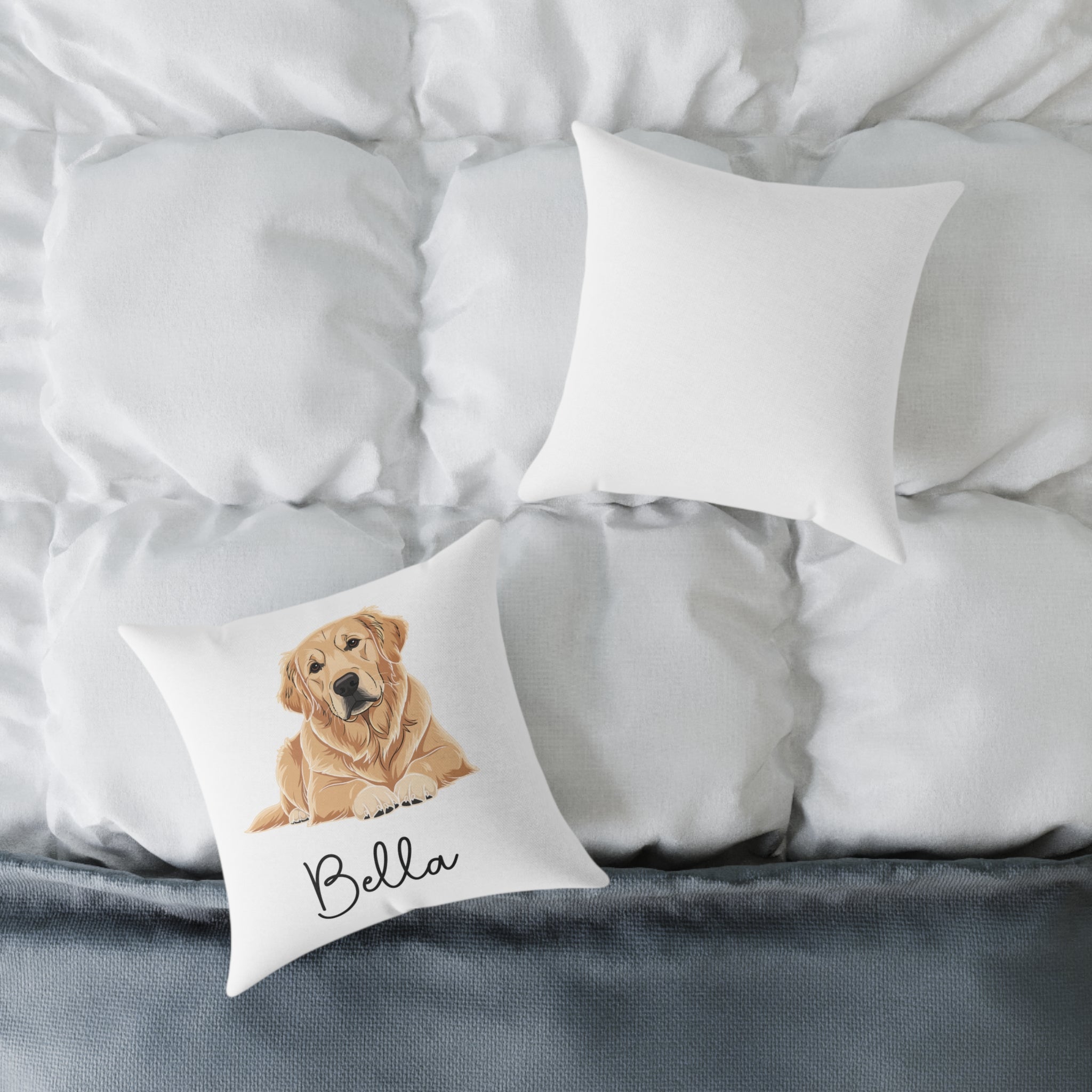 Custom name Golden Retriever cushion in a bedroom setting