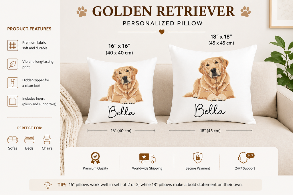 16x16 and 18x18 Golden Retriever personalised pillow size comparison